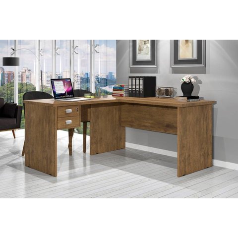 Mesa / Escrivaninha em L Para Computador TAUR 2 Gavetas sendo 1 Com Chave e Puxadores Cromados Cor J