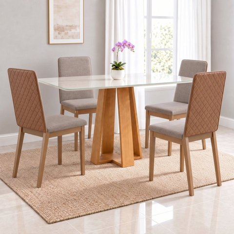 Conjunto Sala de Jantar Mesa Lisa 120cm Tampo MDF Vidro Canto Arredondado 4 Cadeiras Pietra