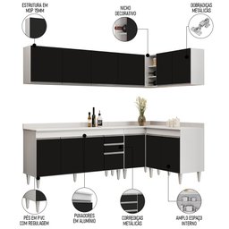Armário de Cozinha Modulado de Canto 6 Peças Cp32 Balcão com Tampo Branco/preto - Lumil Lumil Móveis - 3