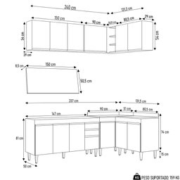 Armário de Cozinha Modulado de Canto 6 Peças Cp32 Balcão com Tampo Branco/preto - Lumil Lumil Móveis - 4