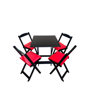 Conjunto Mesa Dobrável com 4 Cadeiras Preto Estofado Vermelho