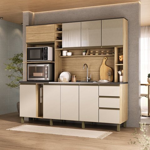 Cozinha 205cm MDF 15mm com Portas de Vidro Érica Bege/Amendoa/Off White