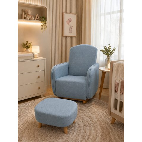 Poltrona Amamentação Orgânica Balanço e Puff Boucle:Azul Celeste