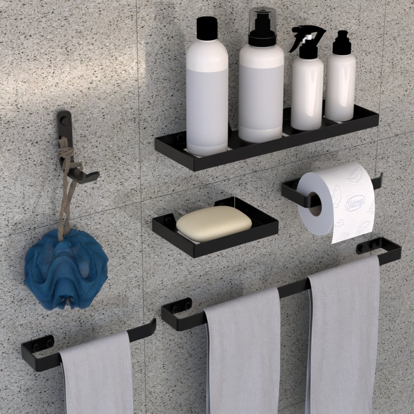 Kit Acessórios Banheiro 6 Peças Luxo Quadrado:preto
