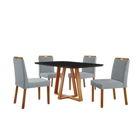 Conjunto Sala de Jantar Mesa Florença 140x80cm Preto com 4 Cadeiras Dallas Linho Cinza