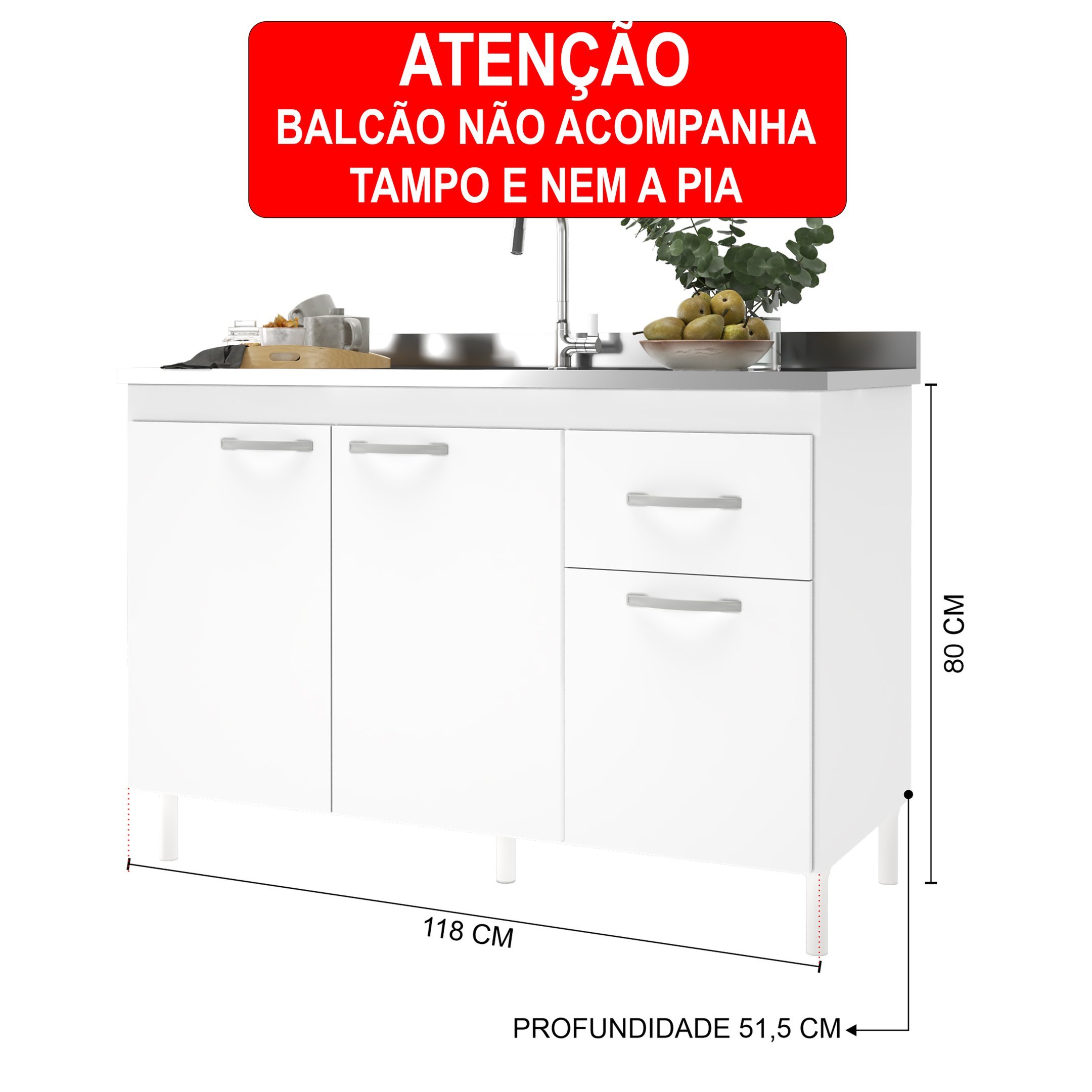 Balcão Para Pia De 120 Cm Sem Tampo Suiça Fidelita Com 3 Portas 1 Gaveta Branco Madeiramadeira 1965