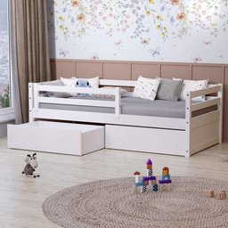 Cama Solteiro Dreams com 02 Gavetas e Grade de Proteção Madeira Maciça Branco Megamobilia - 1