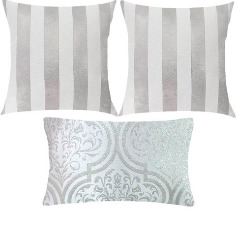 Kit 3 Almofadas Luxo 2 Listrado e 1 Adamascado Prata e Branco Sua Casa Decor