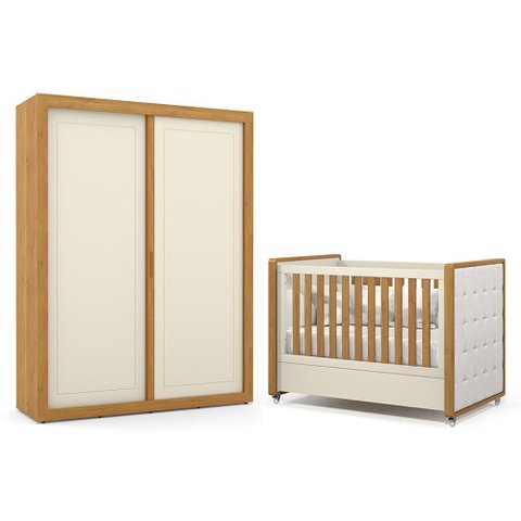Jogo de Quarto Infantil Tutto New Guarda Roupa 2 Portas e Berço Off White/freijó com Capitonê -