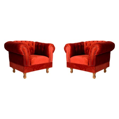 Duas Poltronas Chesterfield Capitone Suede Vermelho Decorativa / Sala, Tv, Estar, Recepção