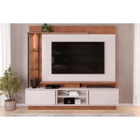 Estante P- Sala até 70 Polegadas Martino C- Prateleira Nichos e Rodapé 200x185cm Freijó-off White
