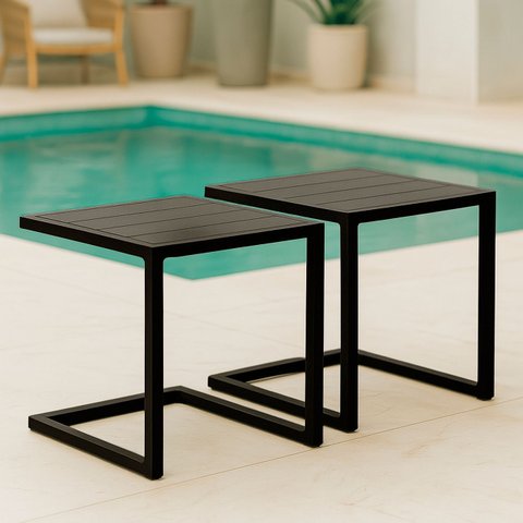 Kit 2 Mesa de Centro Quadrada Orion Alumínio Ripado Preto para Area Externa de Piscina - Arkell