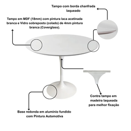 Mesa de Jantar Saarinen Tulipa Redonda - 120 Cm - Laca Acetinada Branca com Vidro - 3