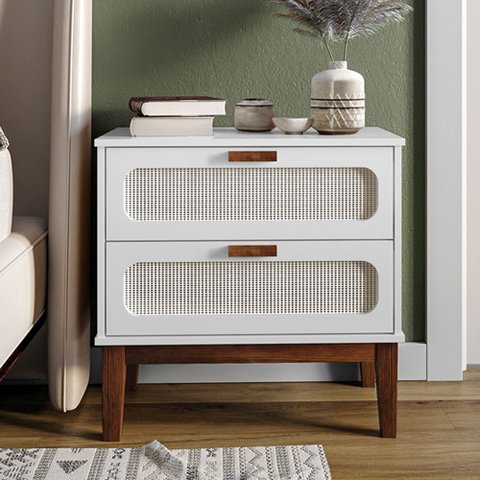 Mesa de Cabeceira Pés em Madeira Maciça Retrô 60 Cm Palhinha Indiana Santorini Branco