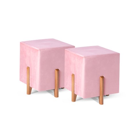 Kit 02 Puffs Decorativo Quadrado em Suede Cor Rosa