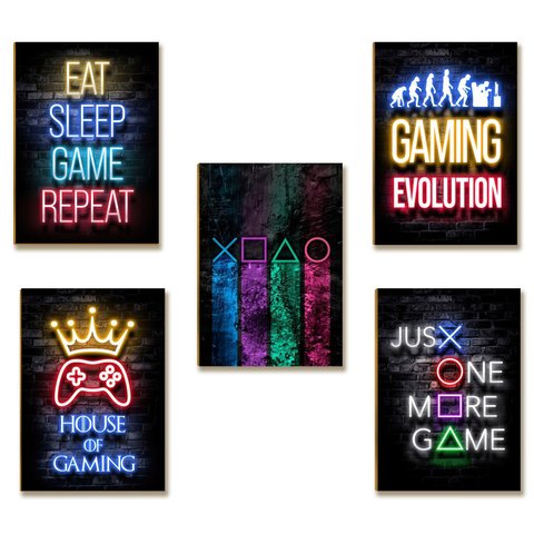 Kit 5 Placas MDF Universo Gamer 28,7x22cm Parede Moderna
