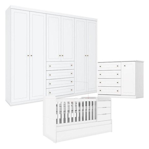 Quarto Infantil 6 Portas Americano com Berço Multifuncional Cleo Branco Fosco - Henn