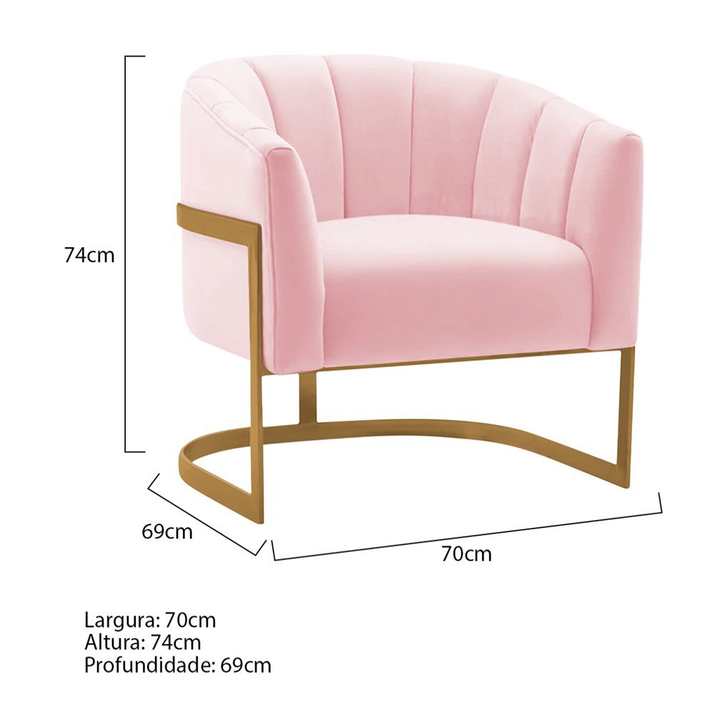 Kit 2 Poltronas Decorativas Sala de Estar Recepção Mavie Base de Ferro Dourado Suede Rosa Bebe - Ama - 3