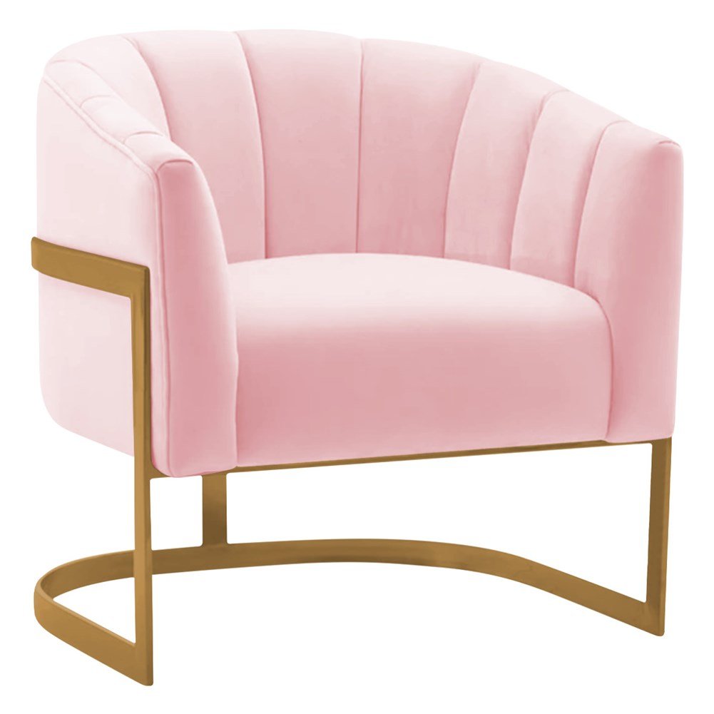 Kit 2 Poltronas Decorativas Sala de Estar Recepção Mavie Base de Ferro Dourado Suede Rosa Bebe - Ama - 6