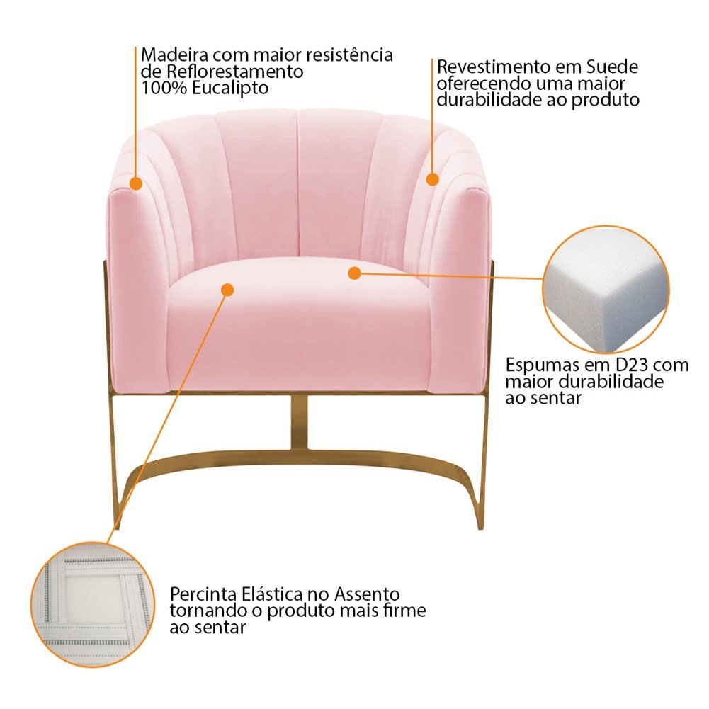 Kit 2 Poltronas Decorativas Sala de Estar Recepção Mavie Base de Ferro Dourado Suede Rosa Bebe - Ama - 4