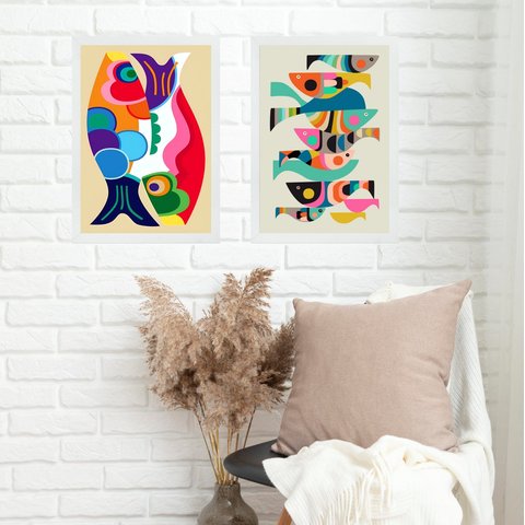 Kit 2 Quadros Decorativos Peixes Abstratos 24x18cm - com Vidro:moldura Branca