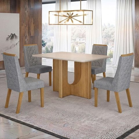 Mesa de Jantar Dora 120x80 Vidro 25mm Cinamomo Off White com Kit 4 Cadeiras Linho Prata- Valdemóveis