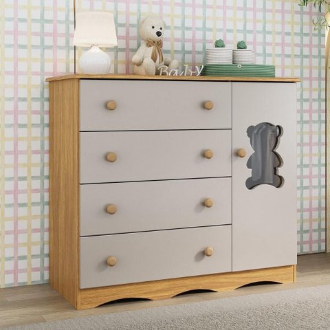 Cômoda Infantil 95cm 1 Porta com Vidro e 4 Gavetas Doçura Multimóveis Mp4494 Madeirado/off White