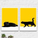 Ver imagem 1 de Kit 2 Quadros Gato Preto Fundo Amarelo 45x34cm - com vidro:Madeira branca
