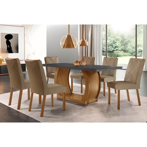 Conjunto: Mesa Sala Jantar Jade C/ Tampo Madeirado C/ Vidro Canto Curvo 180x90cm e 6 Cadeiras