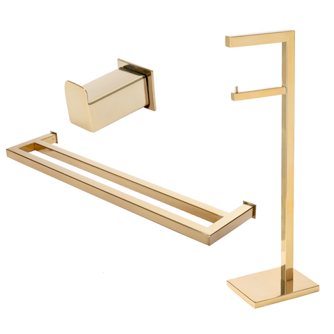 Kit de Acessórios para Banheiro com 3 Peças em Aço Inox Dourado Linha Larissa com Toalheiro Duplo