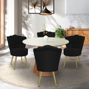 Kit 4 Cadeiras de Jantar Pétala com Pés em Aço Dourado Veludo Preto Bz Home Decor