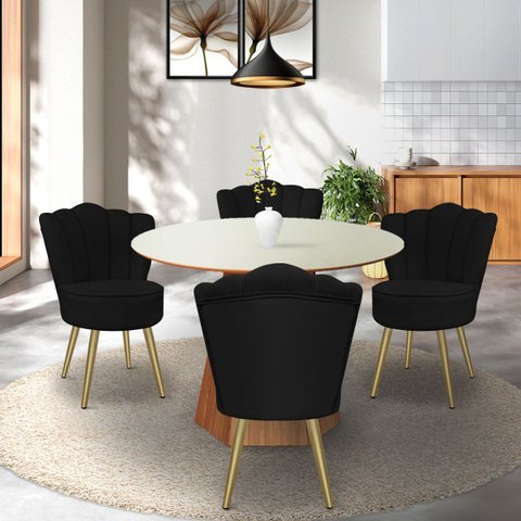 Kit 4 Cadeiras de Jantar Pétala com Pés em Aço Dourado Veludo Preto Bz Home Decor