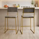 Ver imagem 2 de Kit 3 Banquetas Alta Balcão Estofada com Encosto Dourada Suede Dubai