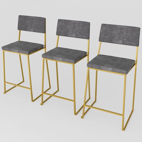 Kit 3 Banquetas Alta Balcão Estofada com Encosto Dourada Suede Dubai
