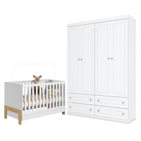 Berço Americano Mini Cama Fantasia Branco Acetinado – Qmovi e Guarda Roupa Infantil Americano 4 Port