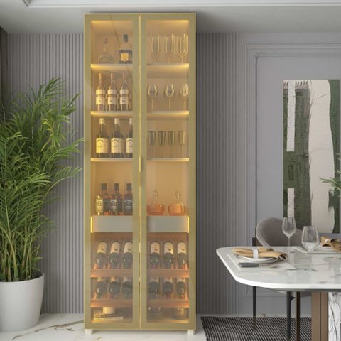 Cristaleira Bar Adega Prisma Reflecta Led Off White Dourado - Gelius