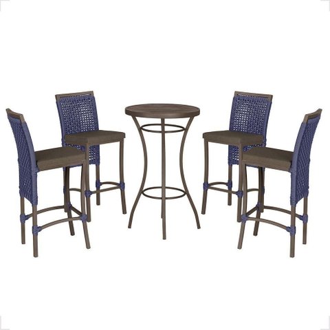 Mesa Bistrô e 4 Banquetas Roma Marrom Corda Estofado 9 Trama Azul