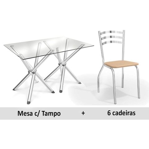 Sala de Jantar Completa Volga c/ Tampo Vidro 150cm + 6 Cadeiras Portugal Cromado/Courano Nude - Kapp