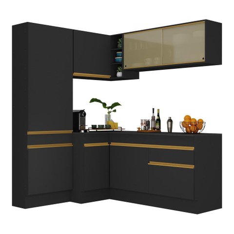 Armário de Cozinha Completa de Canto com Rodapé Veneza Multimóveis V2089 Preto/Dourado