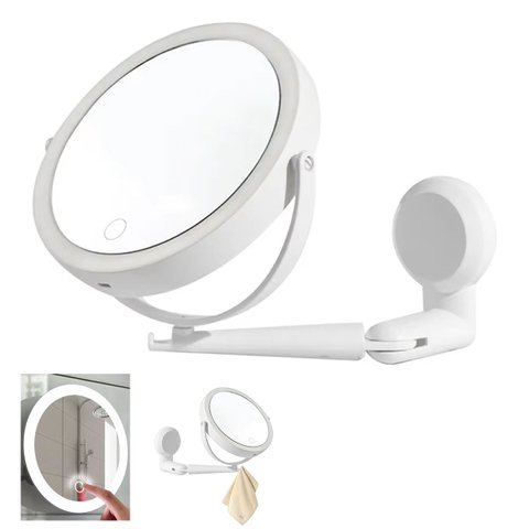 Espelho Giratorio 360 Graus Led 3 Tons Touch 5x Aumento Usb Bateria Recarregavel Parede Banheiro Aju
