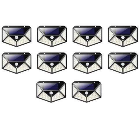 Luminaria Solar Sensor Presença Movimento Kit 10 Uni 100 Led 3 Funçoes Branco