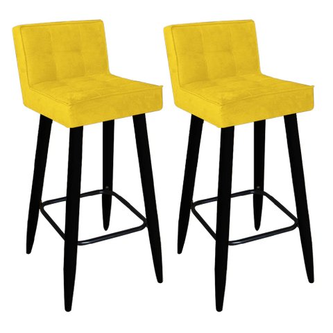 Kit 02 Banqueta Alta Lucy Com Encosto Cozinha Bar Balcão Bistrô Pé Palito Preto Suede Amarelo - Ahaz