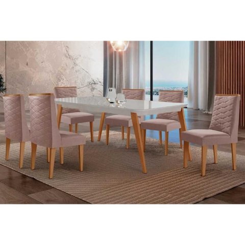 Conjunto: Mesa Sala Jantar Havana Curvo 180cm + 6 Cadeiras Dafne Naturale/off White - Linho