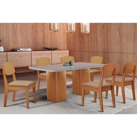 Conjunto: Mesa Sala Jantar Maldivas Curvo 180cm + 6 Cadeiras Havana Naturale/off White - Linho Bege