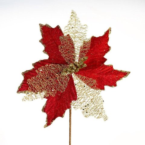 Kit 8 Flores com Cabo Artificial Brilho Natal Vermelha 24cm