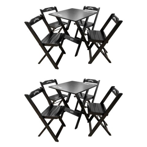 Kit 2 Conjuntos Mesa Dobrável Madeira 70x70 com 4 Cadeiras Personalizada Jack Preta - Cor: Preto