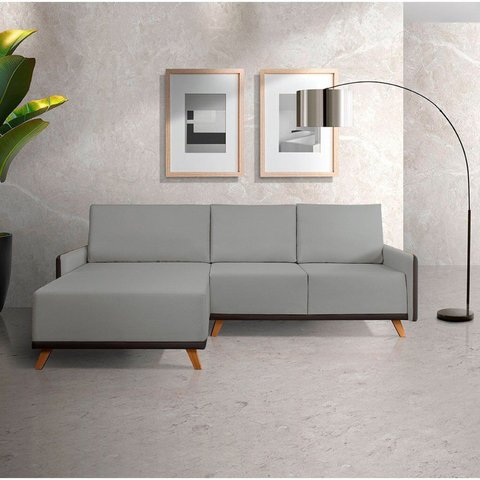 Sofá 4 Lugares com Chaise Lado Esquerdo 258cm em Corino Geribá Cinza/Preto