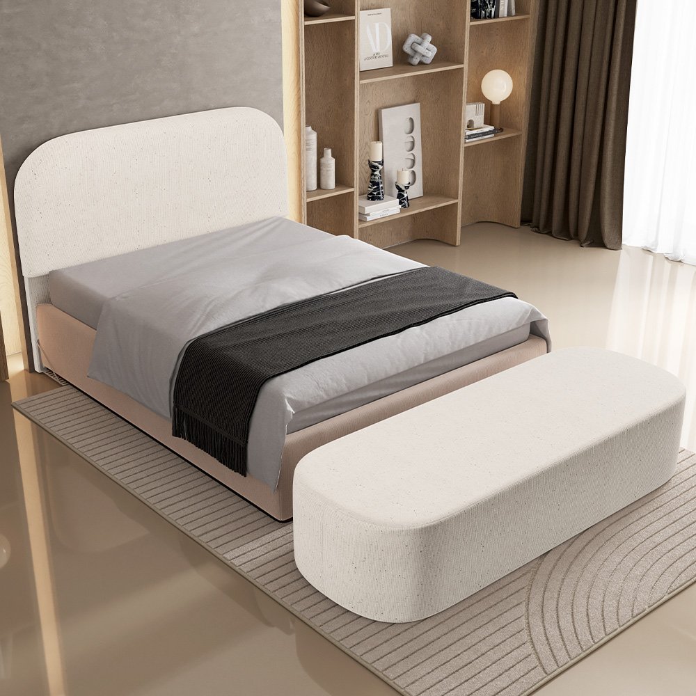 Cabeceira Cama Box Casal 140cm Lanna com Puff Recamier Doha W01 Linho Cru - Lyam Decor - 2