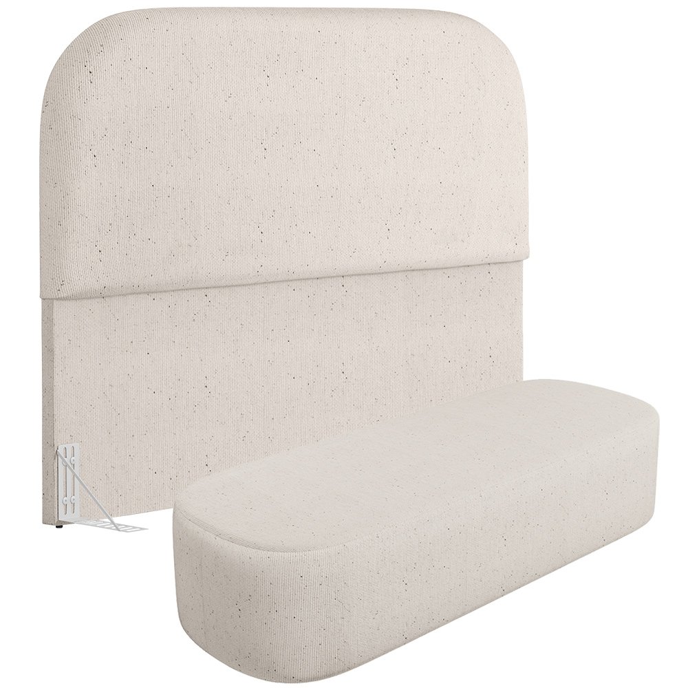 Cabeceira Cama Box Casal 140cm Lanna com Puff Recamier Doha W01 Linho Cru - Lyam Decor