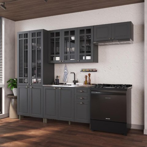Armário de Cozinha Modulada Compacta Fidelitá Nara 100% MDF 4 Peças 280cm 12 Portas 2 Gavetas sem